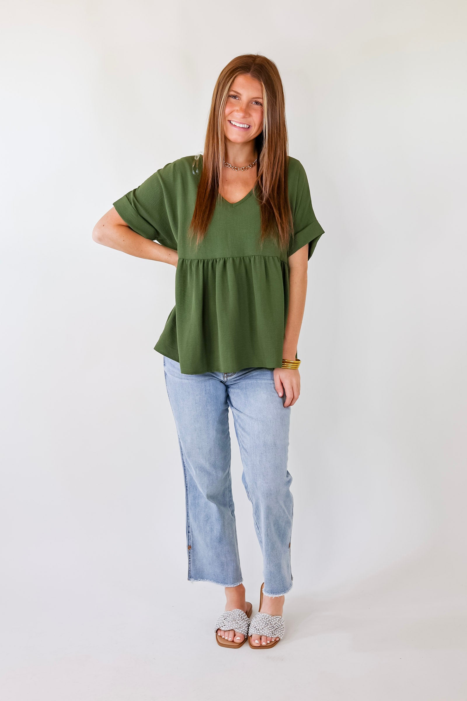 Touring the City Short Sleeve V Neck Babydoll Top in Olive Green