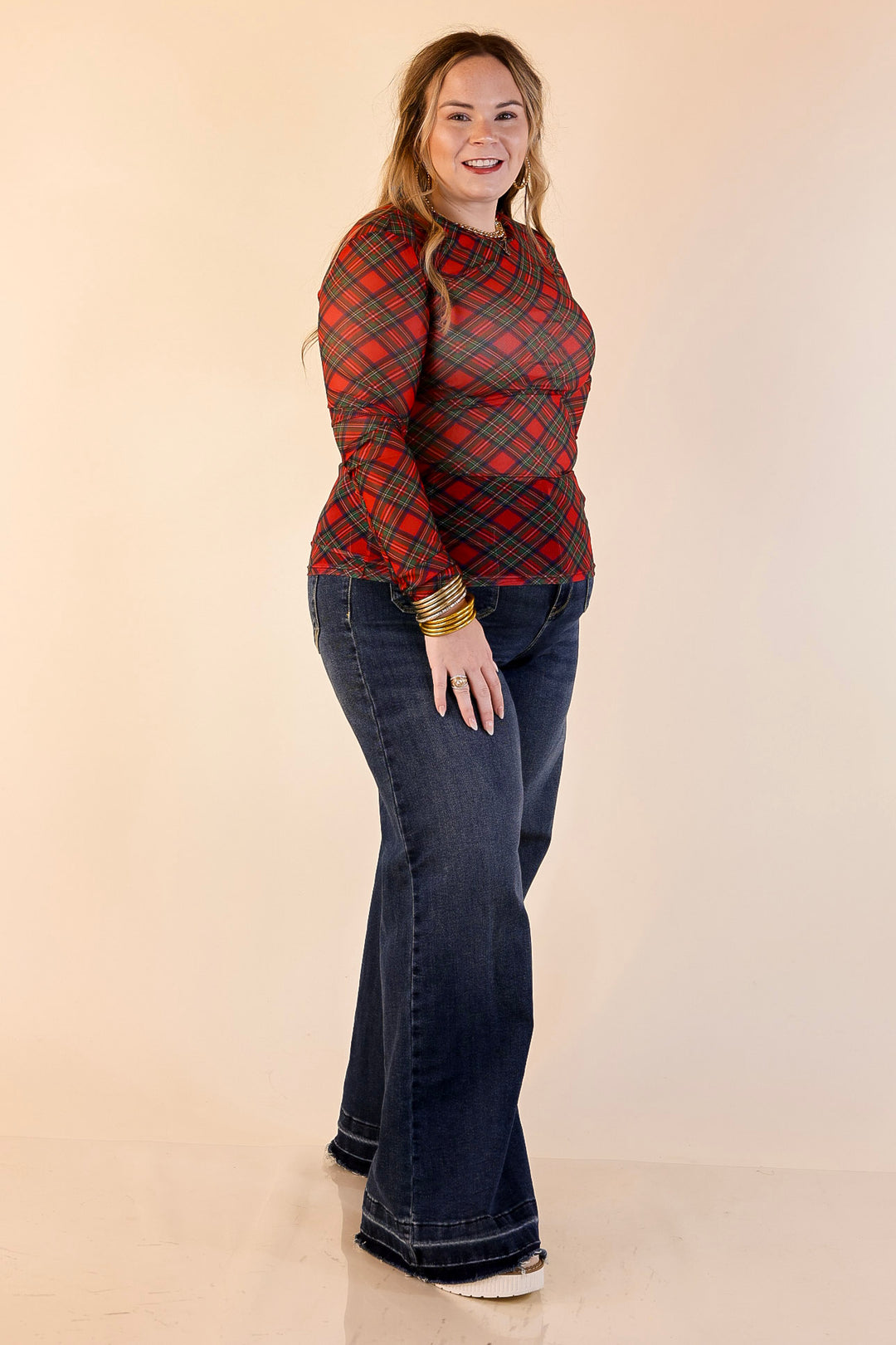 The Perfect Layer Tartan Plaid Print Mesh Long Sleeve Top in Red