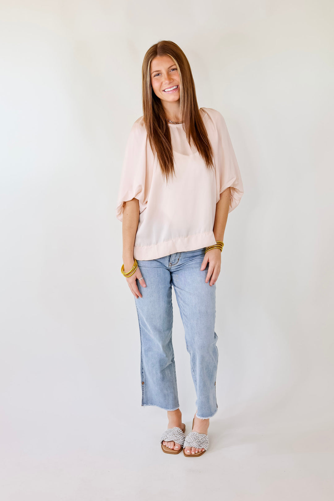 Flash A Smile Half Balloon Sleeve Satin Blouse in Champagne - Giddy Up Glamour Boutique