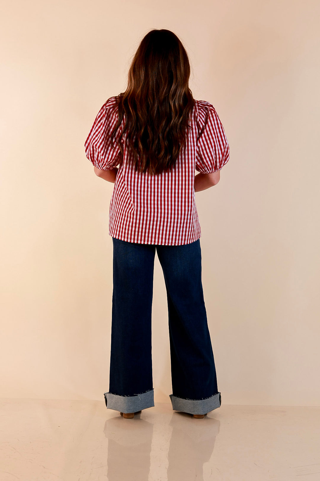 Polished &amp; Playful Short Puff Sleeve Gingham Top with Contrast Blue Trim in Red and White