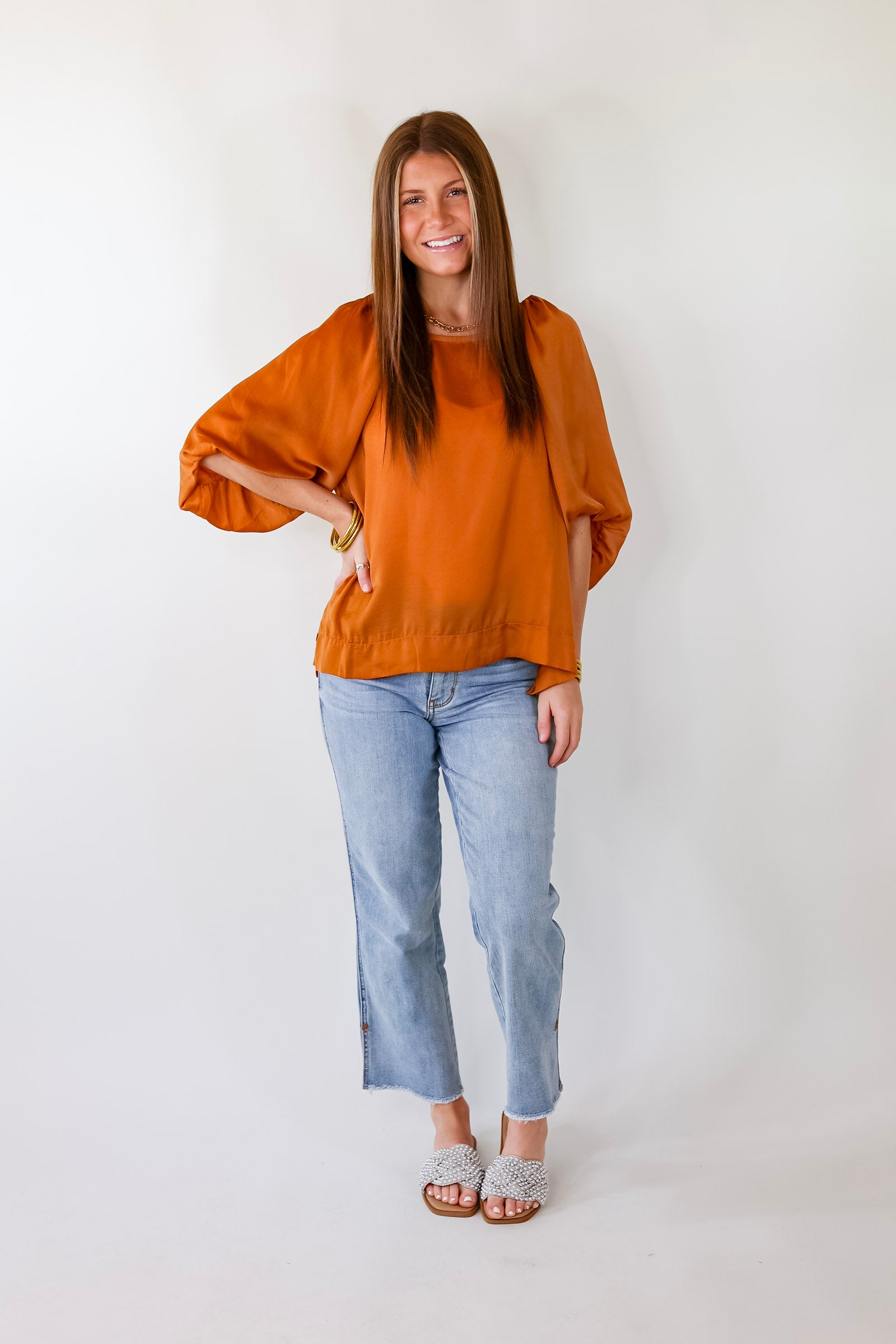 Flash A Smile Half Balloon Sleeve Satin Blouse in Burnt Orange - Giddy Up Glamour Boutique