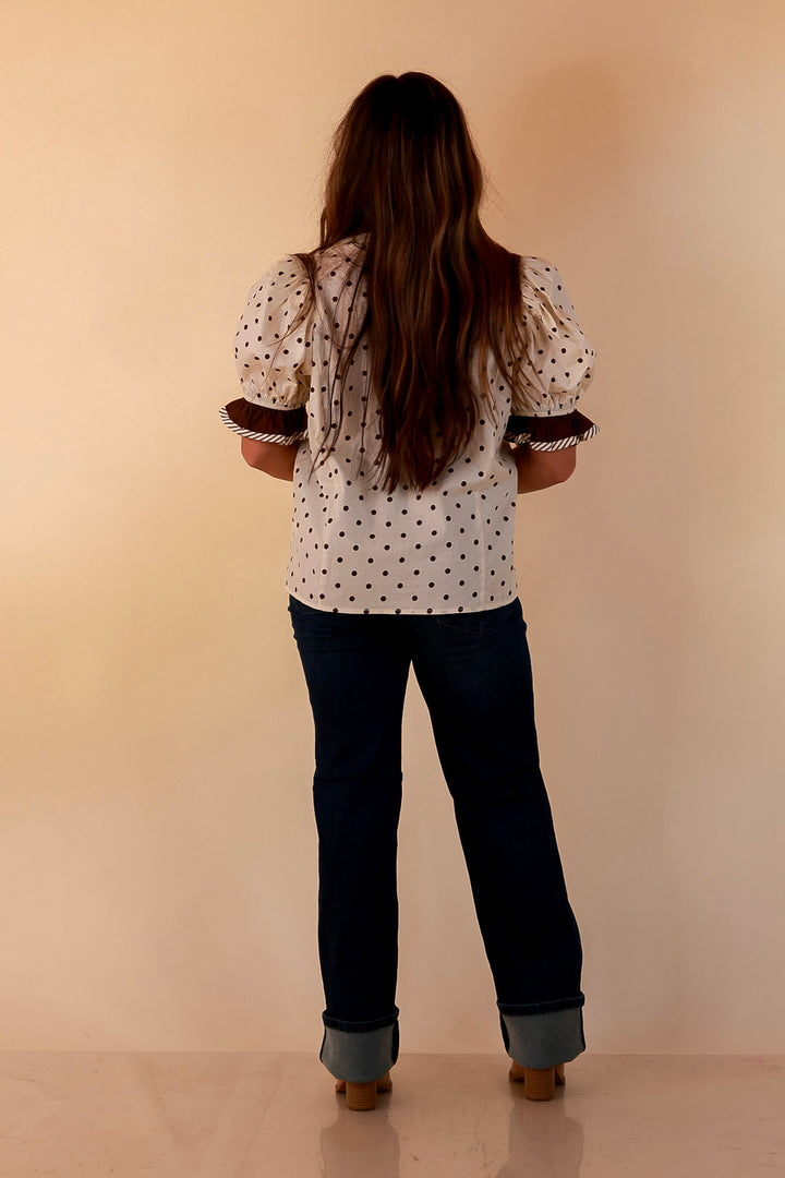 Endless Elegance Ruffled V Neck Polka Dot Print Top in Cream and Brown