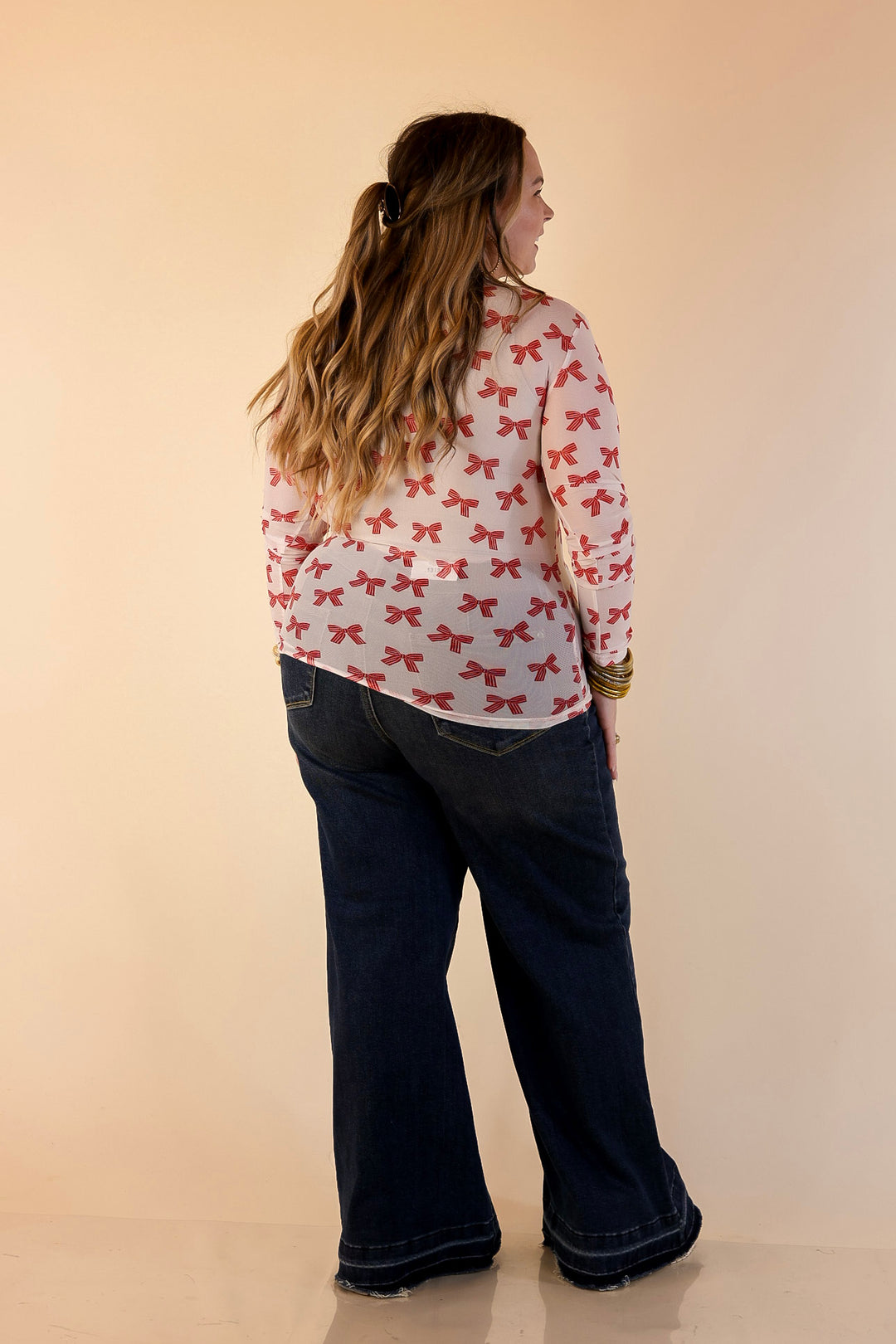 The Perfect Layer Bow Print Mesh Long Sleeve Top in Ivory and Red