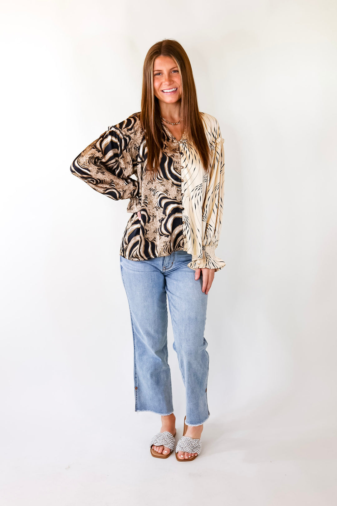 Play It Up Mix Print Button Up Blouse in Ivory Mix - Giddy Up Glamour Boutique