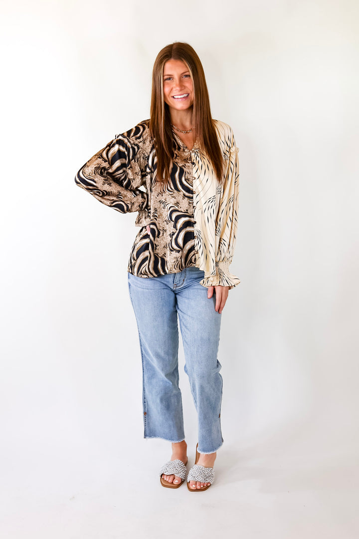 Play It Up Mix Print Button Up Blouse in Ivory Mix - Giddy Up Glamour Boutique