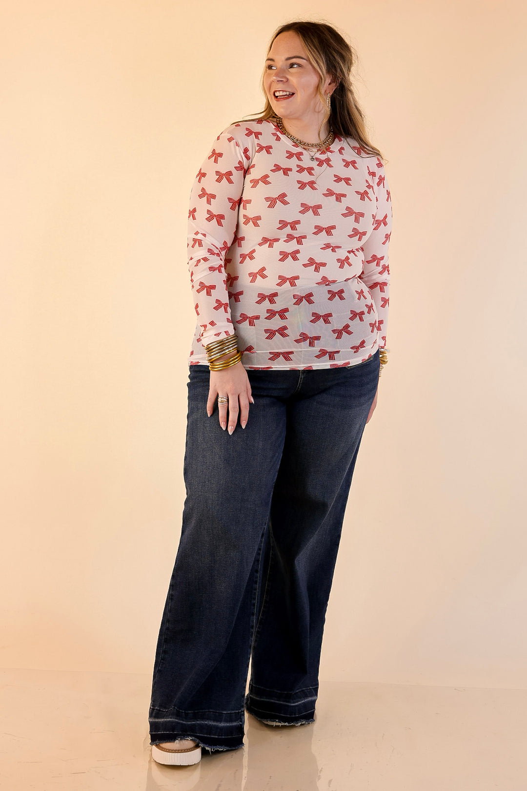 The Perfect Layer Bow Print Mesh Long Sleeve Top in Ivory and Red