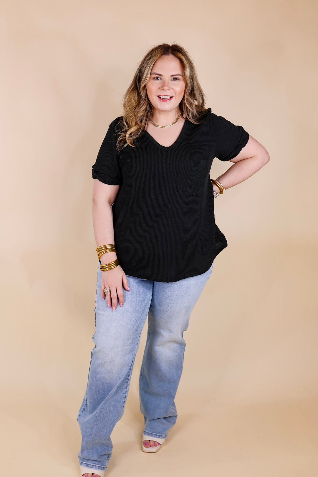 Only True Love Ribbed Short Sleeve Top with Front Pocket in Black - Giddy Up Glamour Boutique