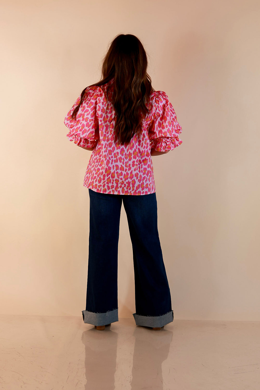 Catch the Compliments Puff Sleeve Ruffle Trim Leopard Print Statement Top in Pink and Orange