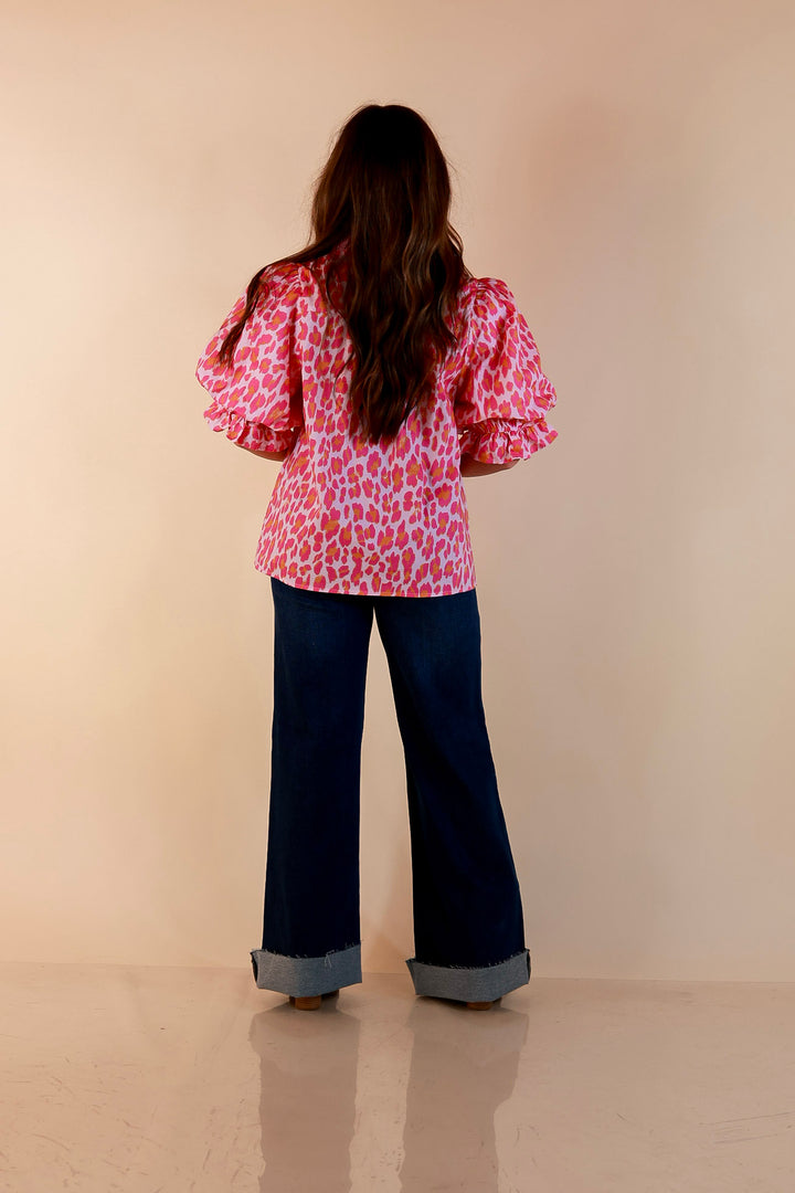 Catch the Compliments Puff Sleeve Ruffle Trim Leopard Print Statement Top in Pink and Orange