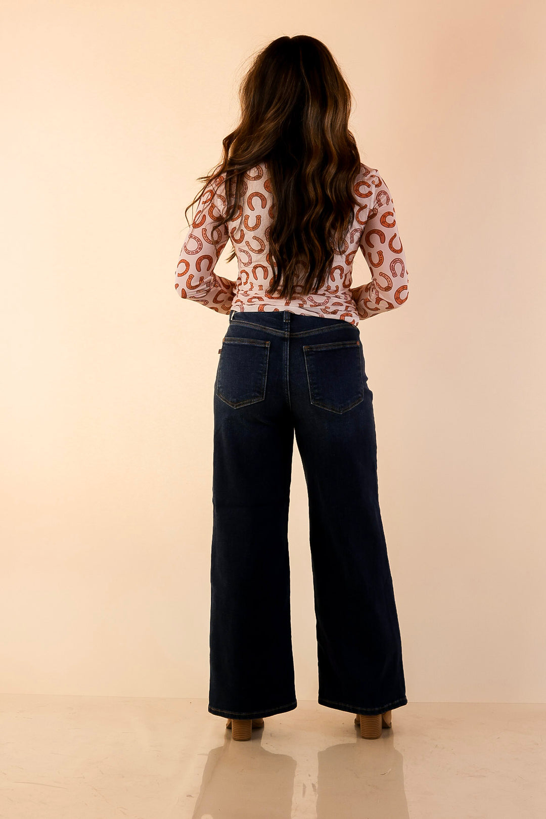 The Perfect Layer Horseshoe Print Mesh Long Sleeve Top in Cream and Brown