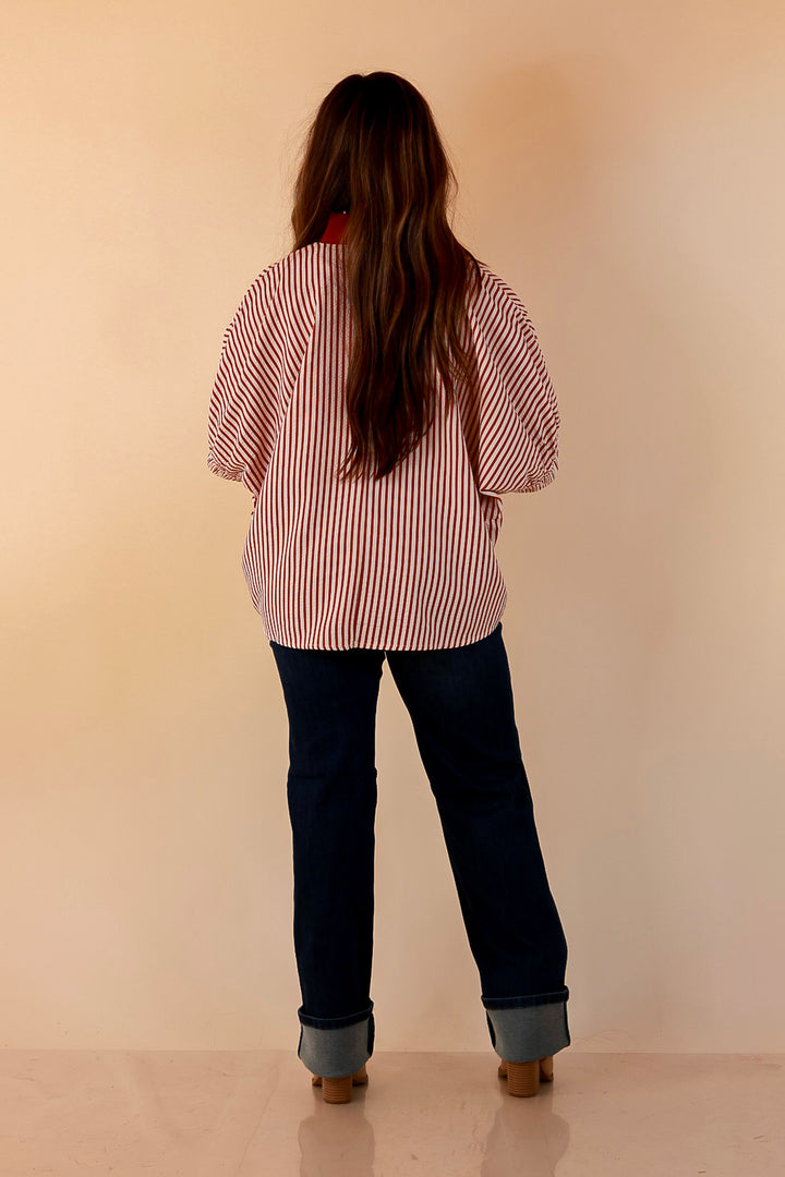 Naturally Stylish Stripe Top with Contrast Stripe Trim and Short Dolman Sleeves in Brick Red
