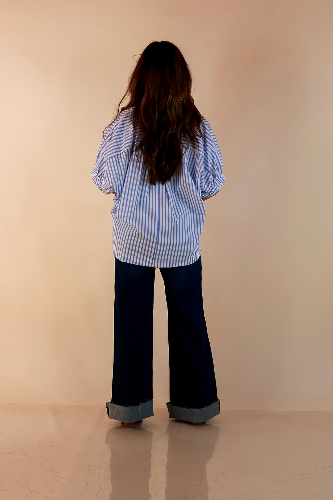 Naturally Stylish Striped Poncho Top with Lace Trim Details and Dolman Sleeves in Baby Blue