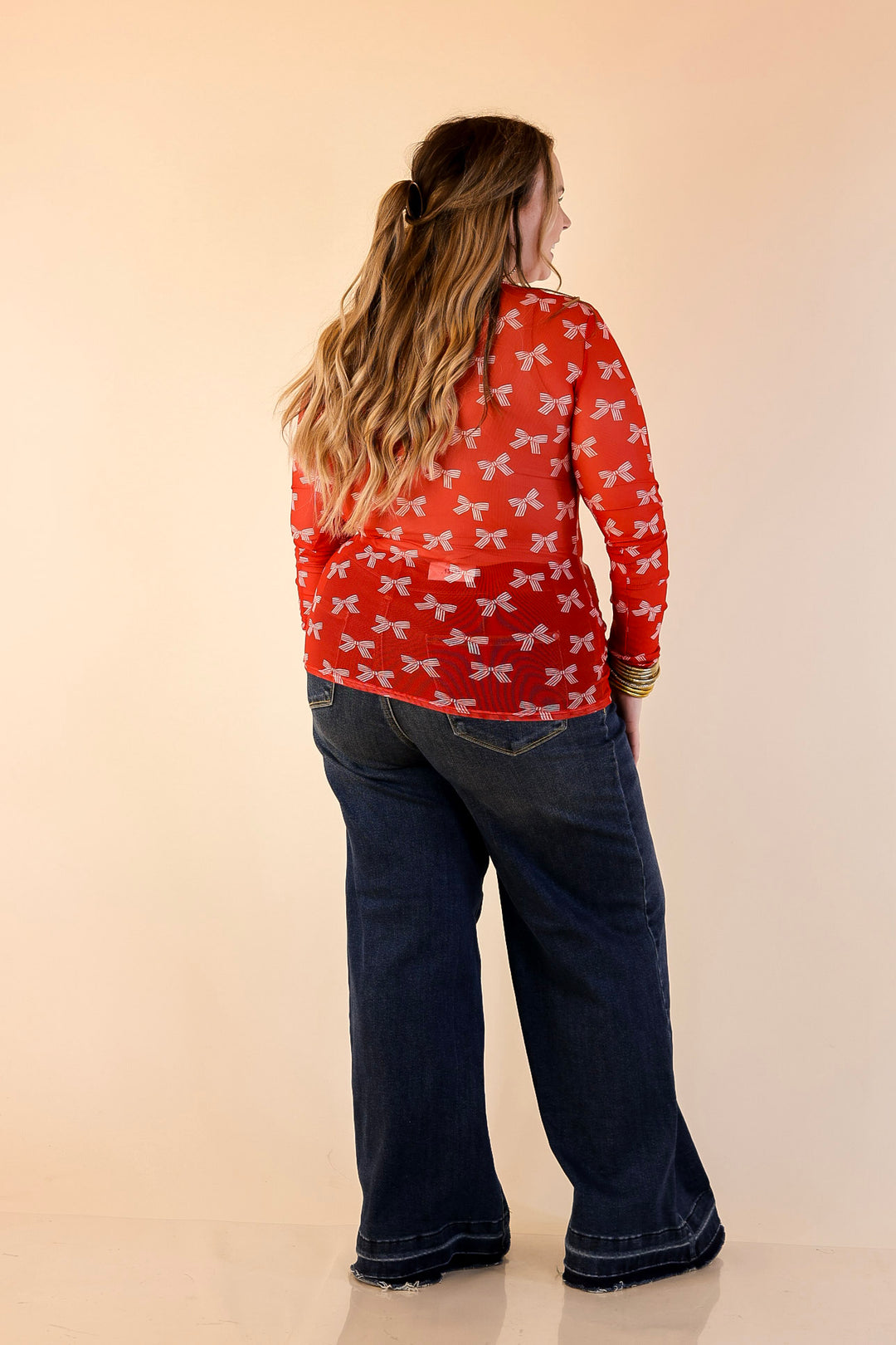 The Perfect Layer Bow Print Mesh Long Sleeve Top in Red and Ivory