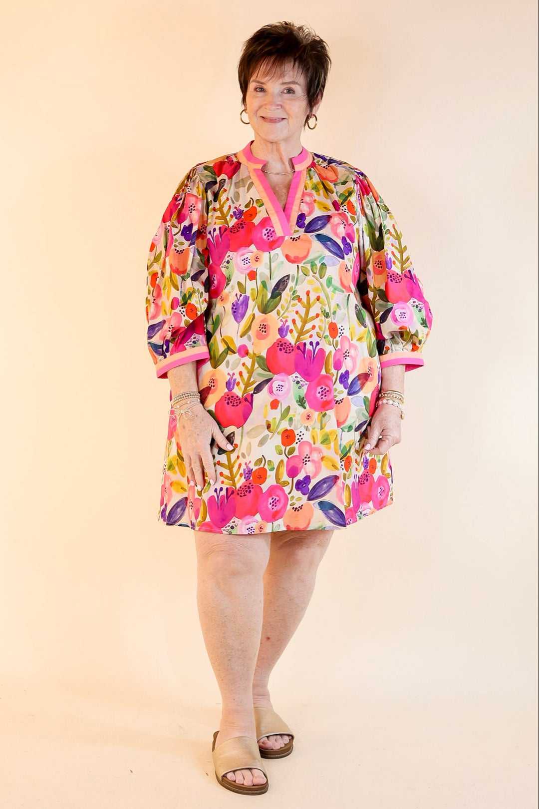Pocketful of Petals V Neck Floral Print Dress with 3/4 Sleeves