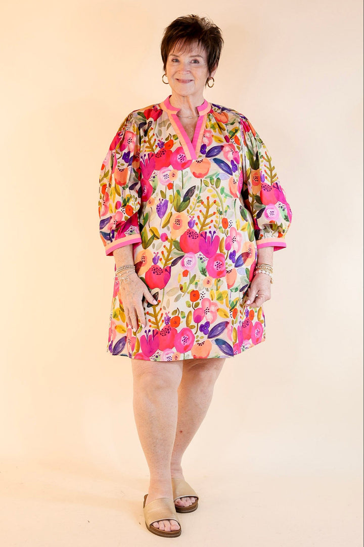 Pocketful of Petals V Neck Floral Print Dress with 3/4 Sleeves