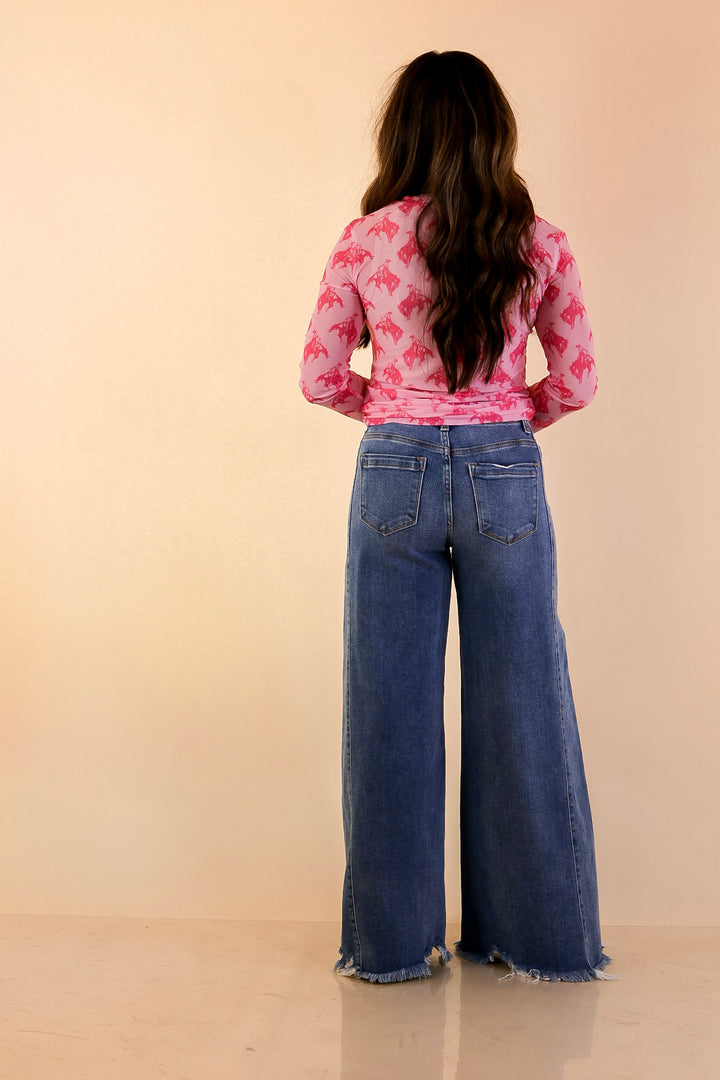 The Perfect Layer Hot Pink Bronc Print Mesh Long Sleeve Top in Pink