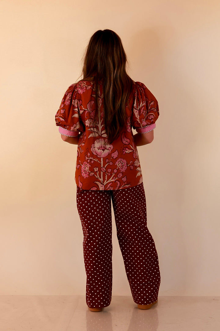 Pop of Polish Short Puff Sleeve Button Front Floral Top with Contrast Trim in Rust Orange and Pink