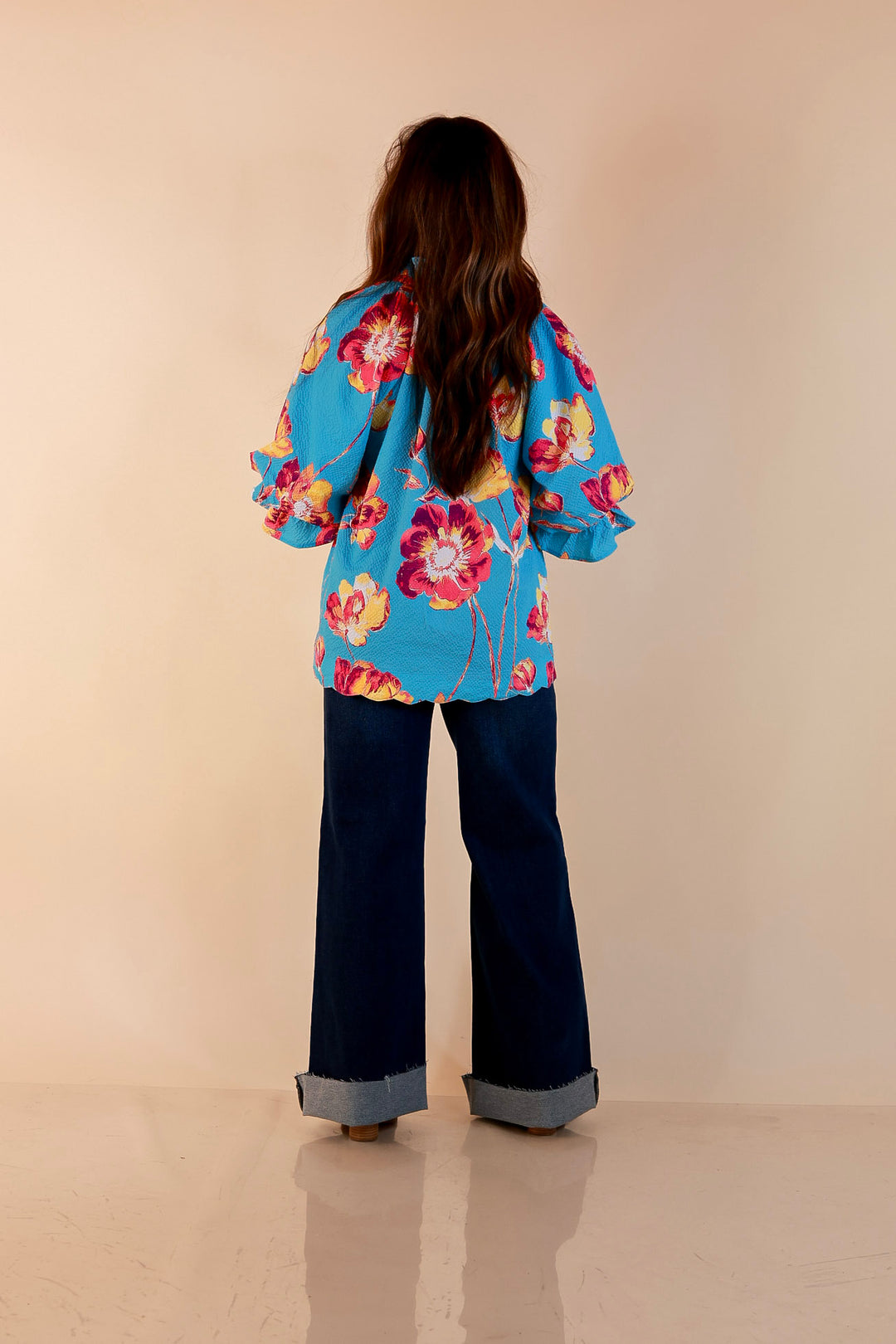 Petal Perfect Floral Print Textured Puff Sleeve Top with Ruffle Split Neckline in Aqua Mix