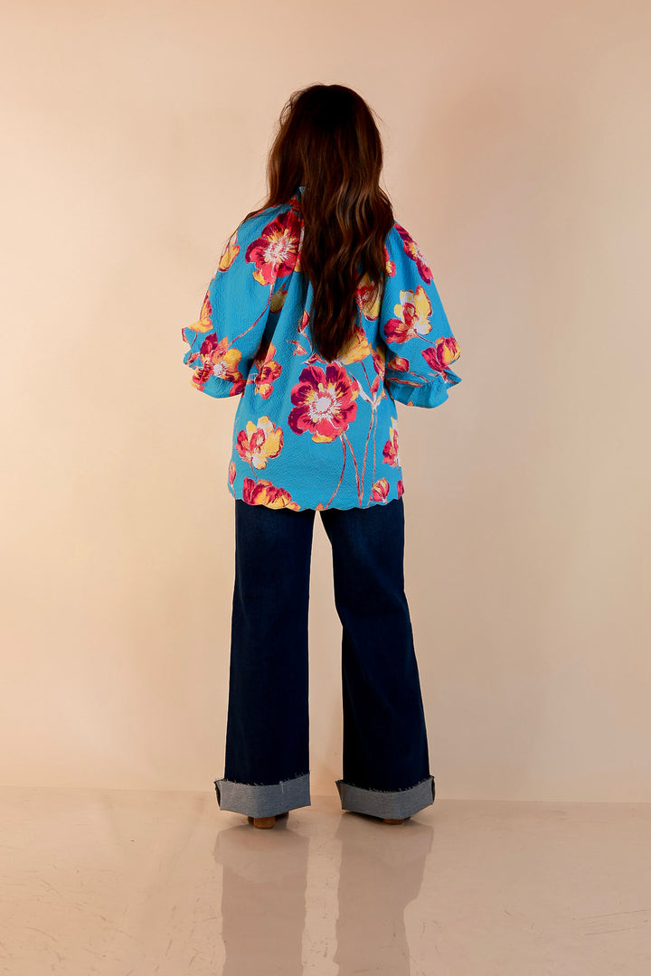 Petal Perfect Floral Print Textured Puff Sleeve Top with Ruffle Split Neckline in Aqua Mix