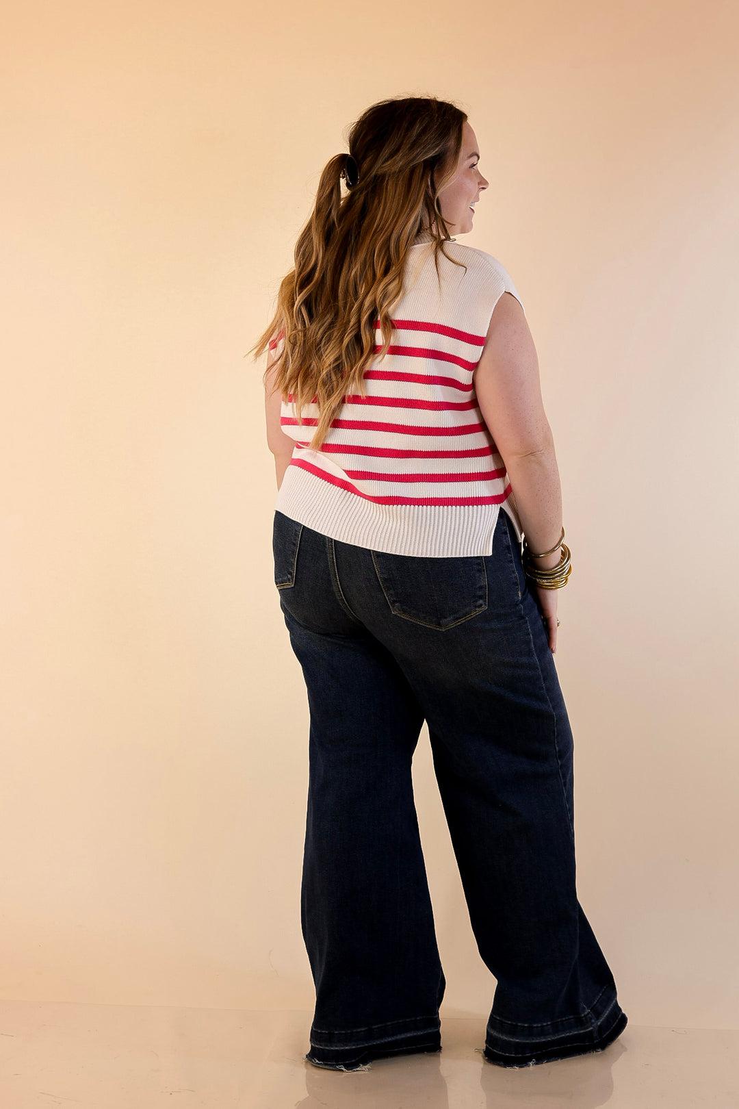 Stripe Things Up Drop Shoulder Knit Sweater in White with Hot Pink Stripes