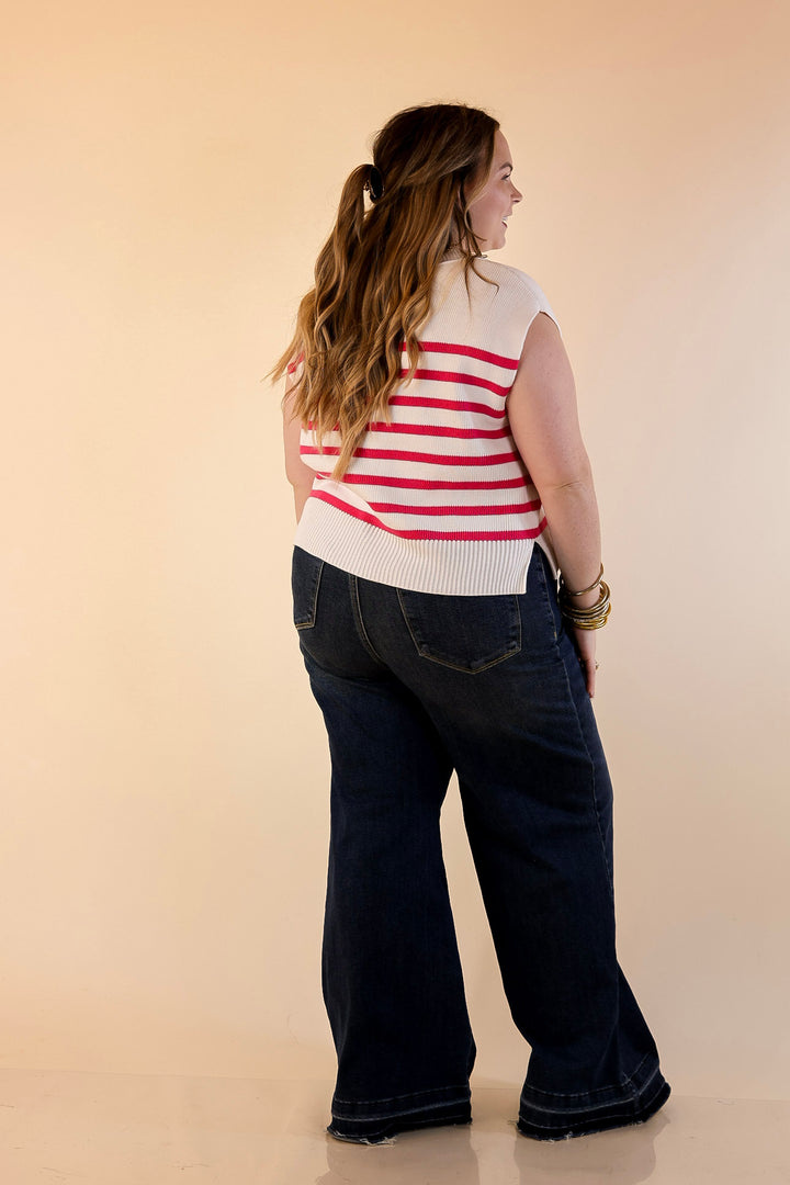 Stripe Things Up Drop Shoulder Knit Sweater in White with Hot Pink Stripes