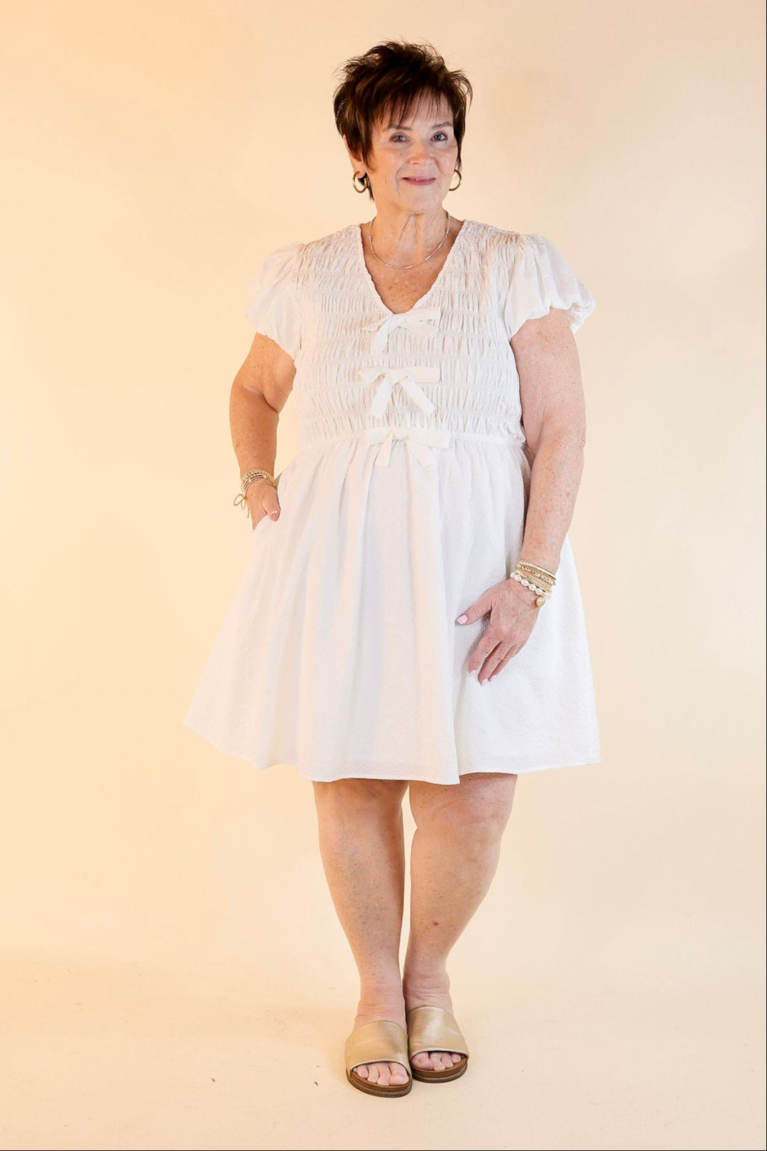 Last Chance Size Small | Darling Charm Cap Sleeve Dress with Bows in Off White