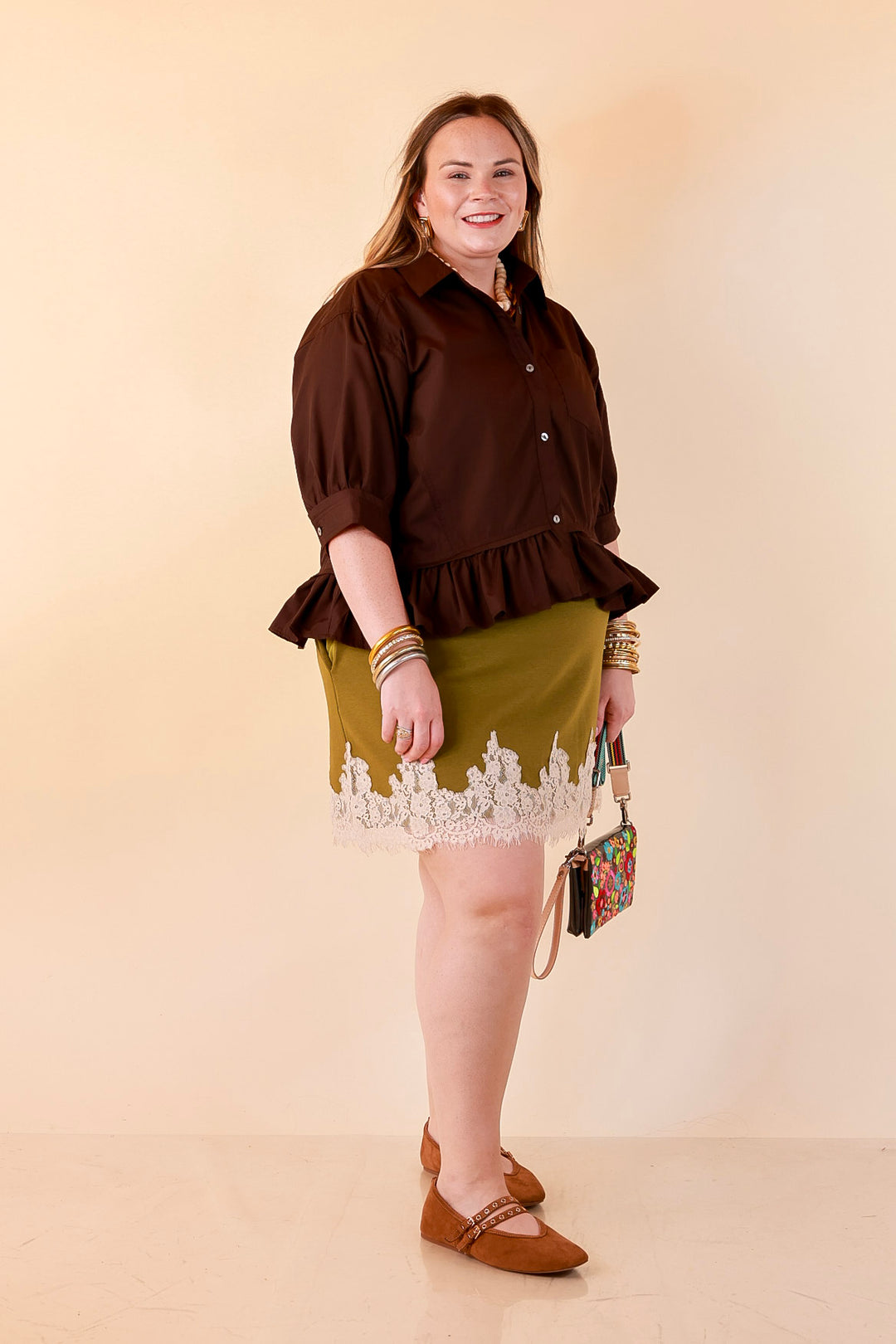 Style Agenda Solid Button Down Peplum Top in Deep Chocolate Brown