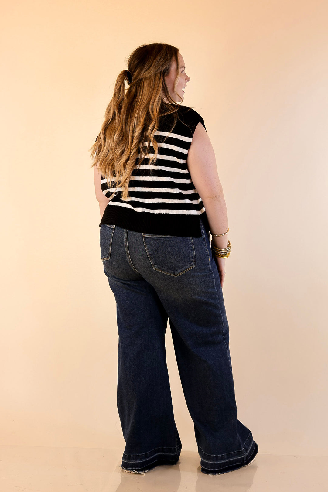 Stripe Things Up Drop Shoulder Knit Sweater in Black with Ivory Stripes