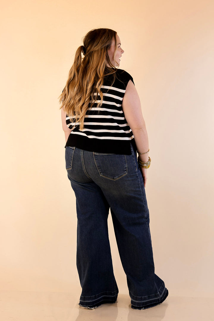 Stripe Things Up Drop Shoulder Knit Sweater in Black with Ivory Stripes