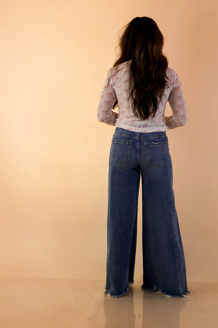 The Perfect Layer Coquette Pink Bow Print Mesh Long Sleeve Top in Ivory