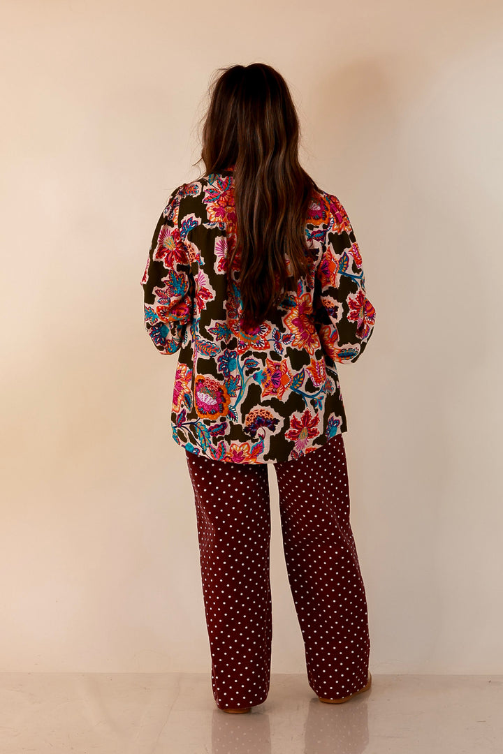 Petal Pop Floral Print Ruffle Front Button Up Long Sleeve Top with Balloon Sleeves in Olive Green