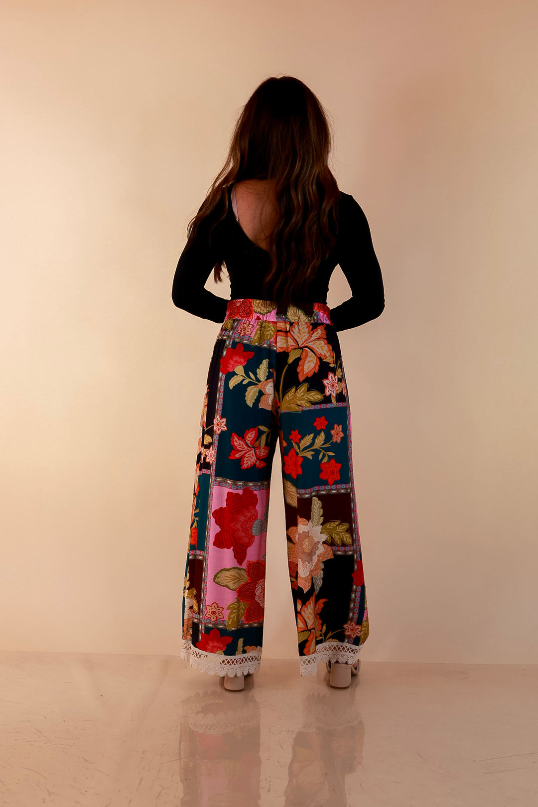 Patchwork Flair Floral Patchwork Print Wide Leg Pants with Lace Trim in Pink Mix