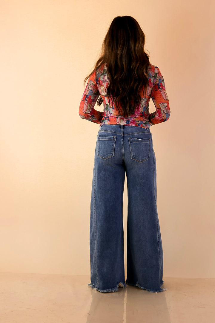 The Perfect Layer Western Boot Print Mesh Long Sleeve Top in Pink Multicolor