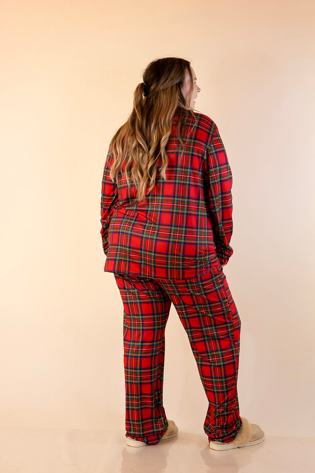 Holiday at Home Tartan Plaid Matching PJ Set with Black Trim in Red Plaid