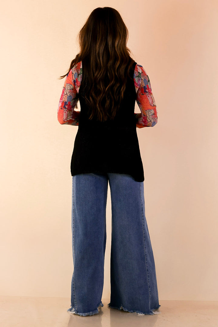 Effortlessly Elevated Textured Knit Front Clasp Sweater Vest in Black