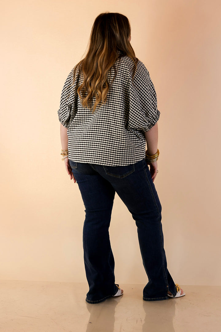 Naturally Stylish Gingham Plaid Top with Contrast Stripe Trim and Short Dolman Sleeves in Black