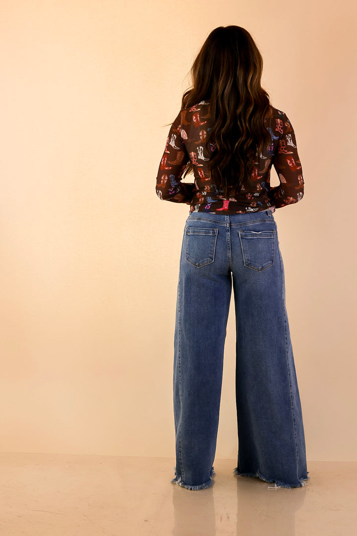 The Perfect Layer Western Boot Print Mesh Long Sleeve Top in Brown