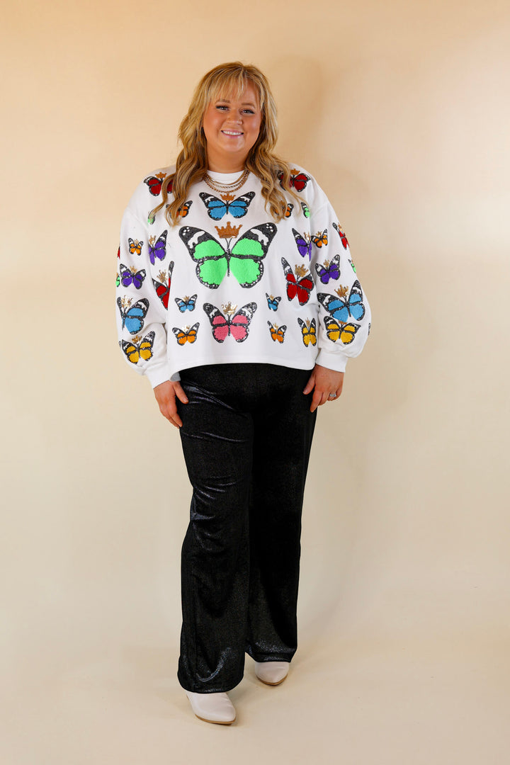 Queen Of Sparkles | Multi Butterfly Long Sleeve Graphic Sweatshirt in White - Giddy Up Glamour Boutique
