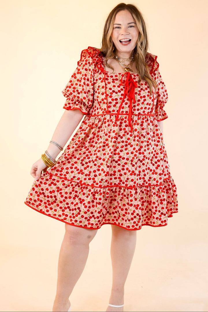 Cherry on Top Puff Sleeve Dress in Light Pink and Red