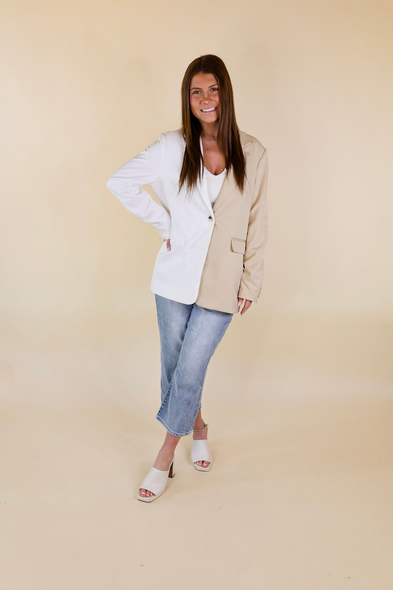 Expect First Class Long Sleeve Color Block Blazer in Beige and White