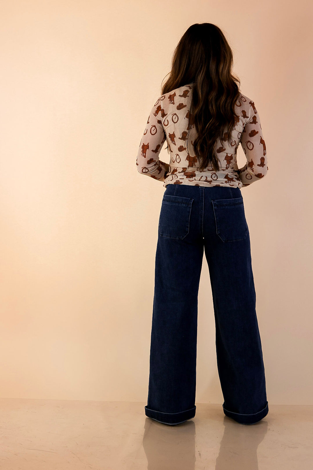 The Perfect Layer Western Icons Print Mesh Long Sleeve Top in Cream and Brown