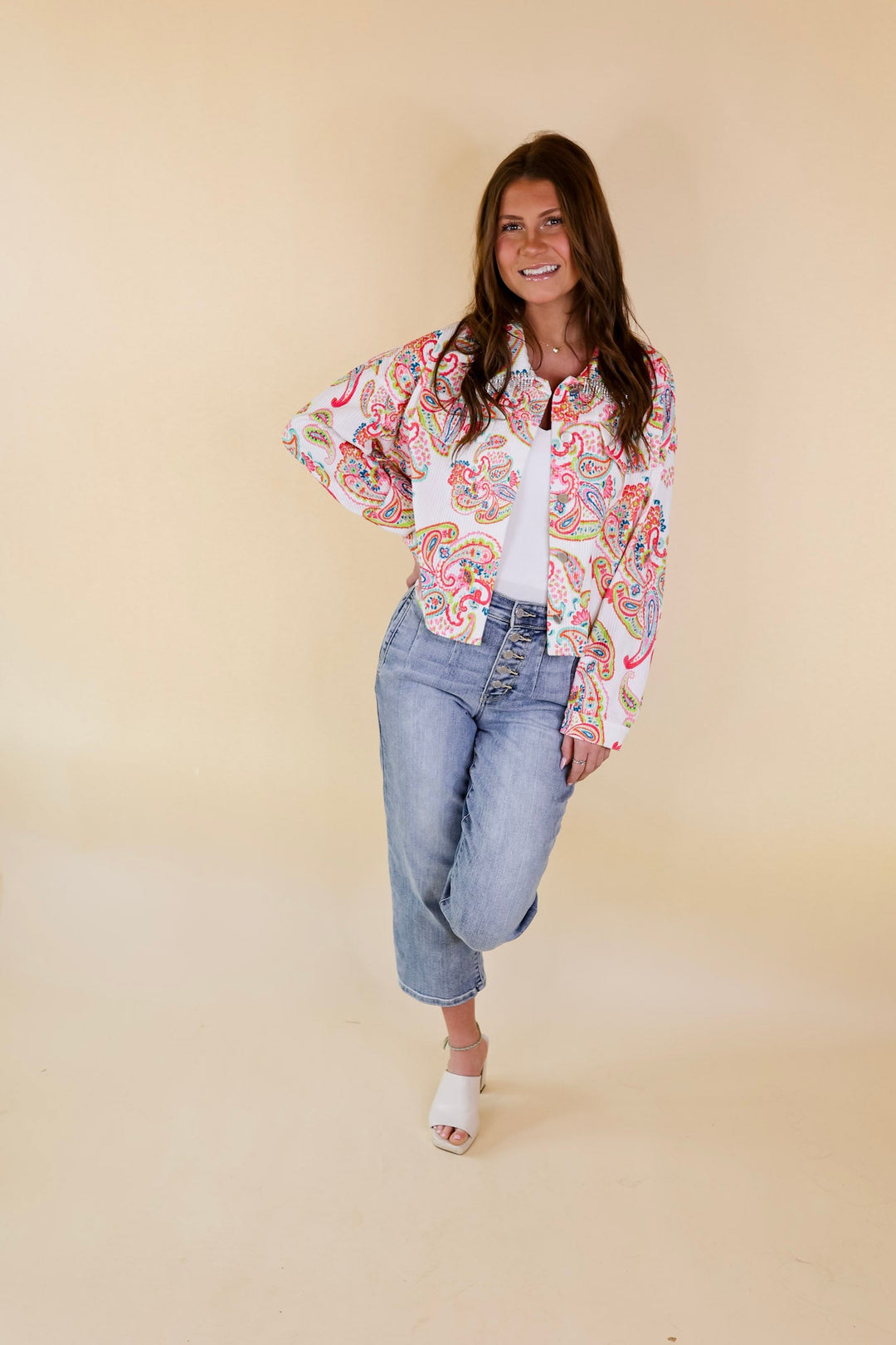 Music For The Soul Button Up Corduroy Paisley Print Jacket with Crystal Fringe in White - Giddy Up Glamour Boutique