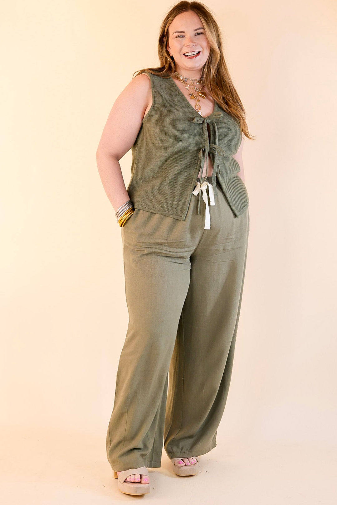 Styled for Success Linen Drawstring Pants in Light Olive Green