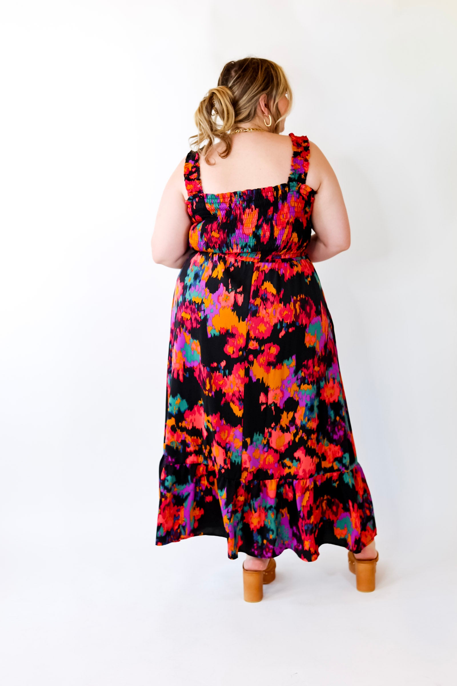My Night Out Smocked Bodice Dress with Multicolor Abstract Print in Black - Giddy Up Glamour Boutique