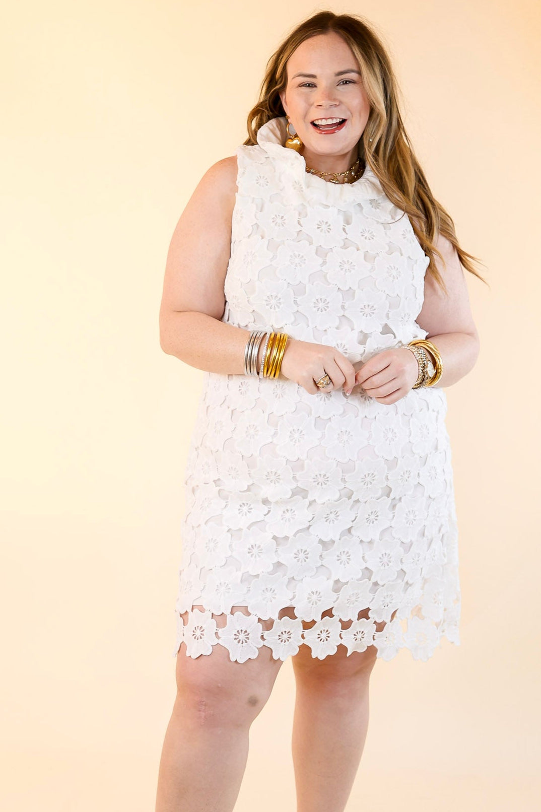 Dressed to Impress Lace Dress with Ruffled Mock Neck in Off White