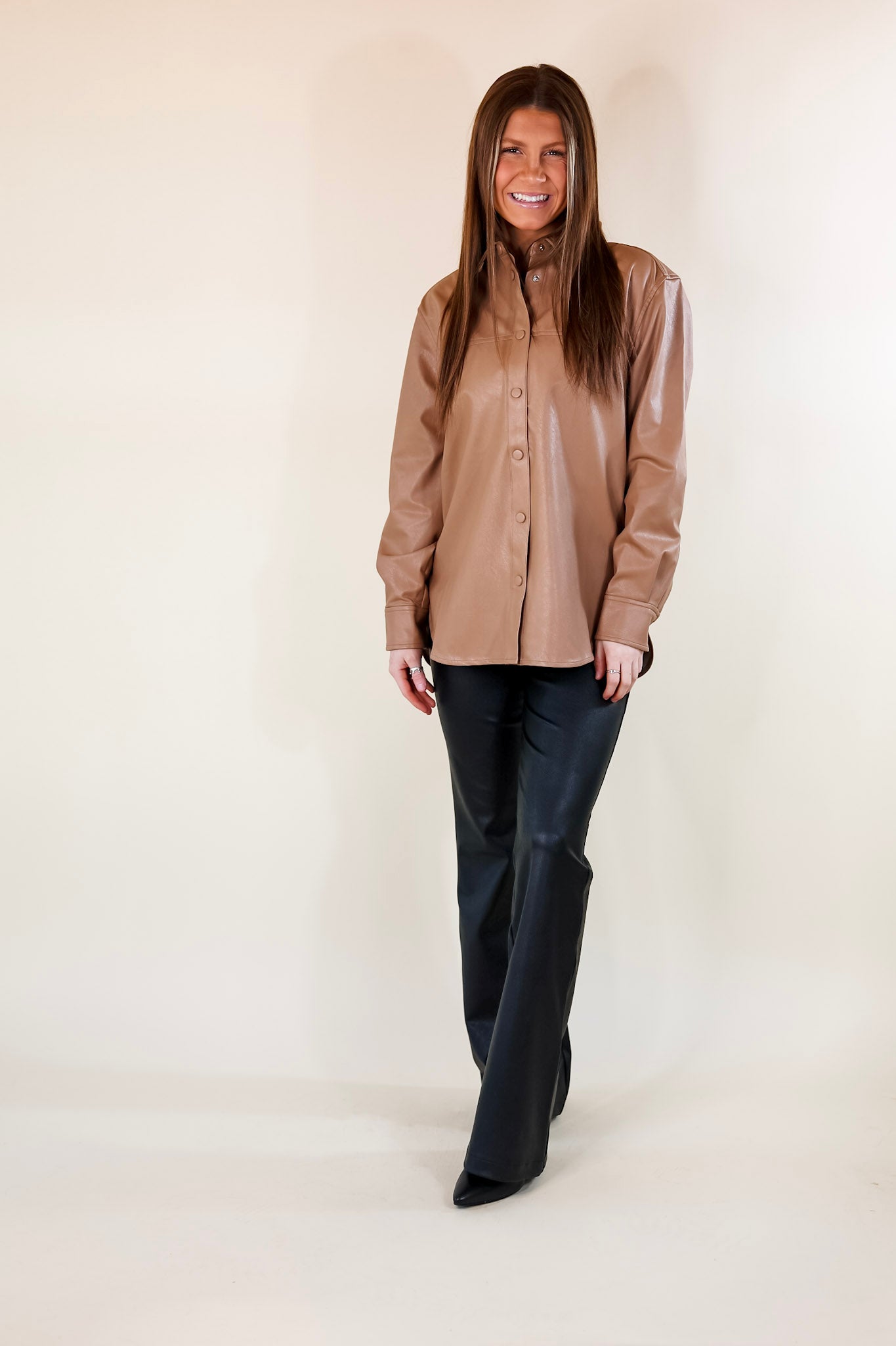 SPANX | Leather-Like Long Sleeve Oversized Shacket in Toffee - Giddy Up Glamour Boutique