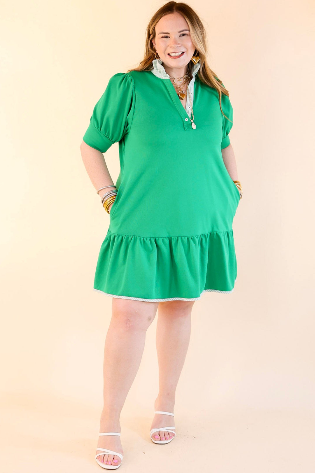 Elevated Ease Short Puff Sleeve Dress with Ruffled Collar in Kelly Green