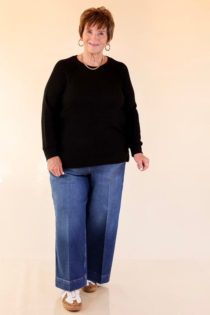 Essentially Chic Waffle Knit Long Sleeve Scoop Neck Top in Black