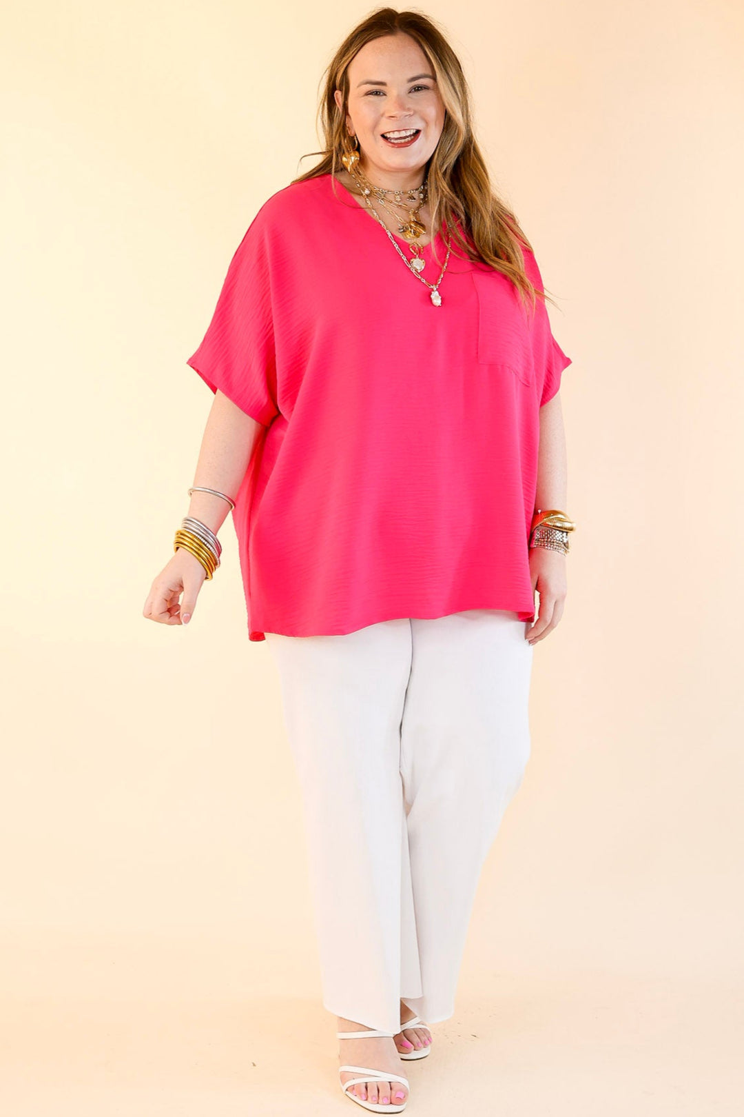 Try To Resist Short Sleeve V Neck Top with Front Pocket in Hot Pink