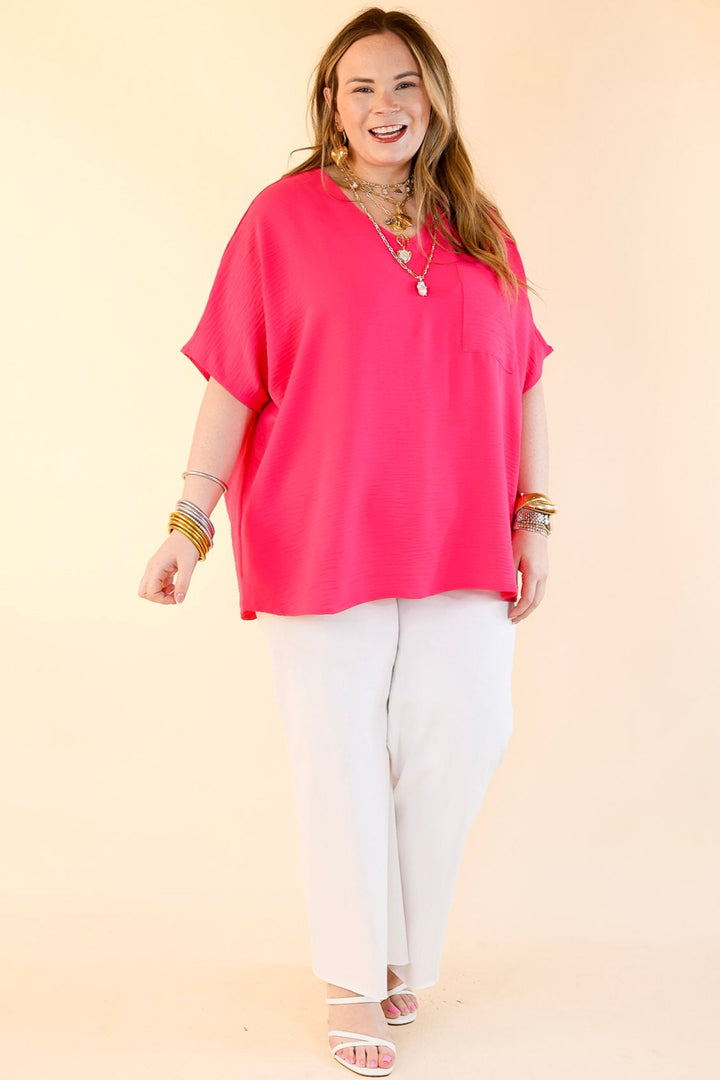 Try To Resist Short Sleeve V Neck Top with Front Pocket in Hot Pink